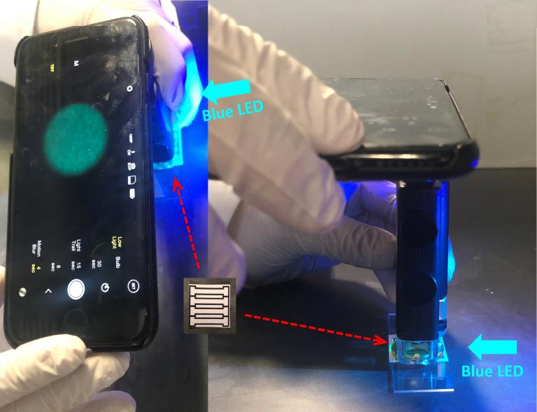 A smartphone with a microscope attached to it.