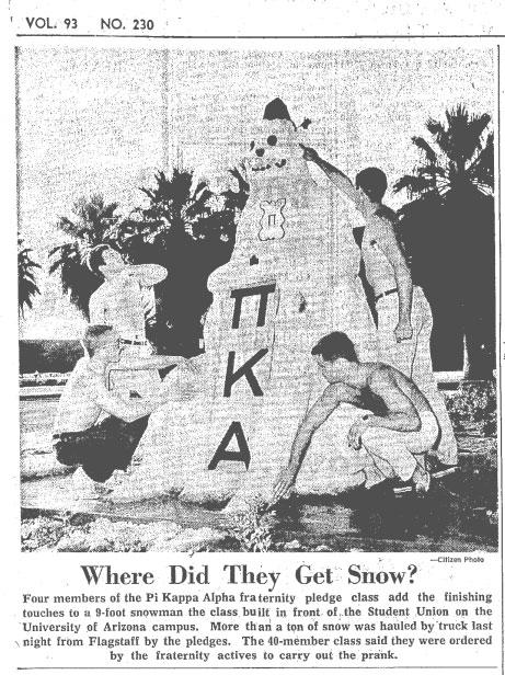 1965 Tucson Daily Citizen newspaper clip, a photo of four students building a snowman on the UA Mall.