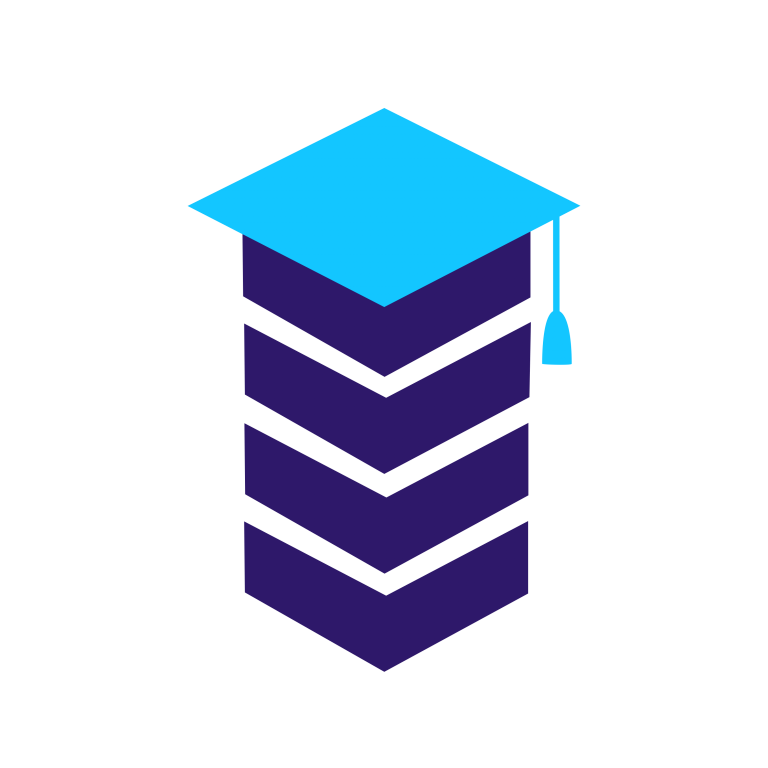 Graphic of four dark blue squares stacked up, with a light blue graduation cap on top.