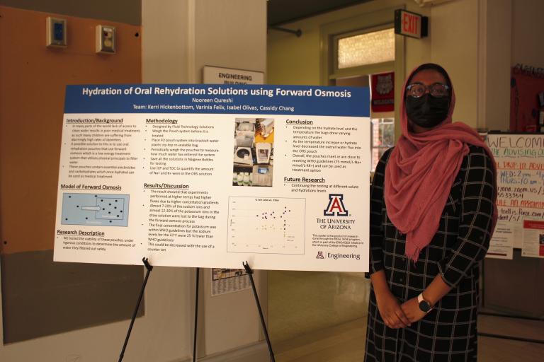A young woman in a headscarf stands next to a scientific poster with the title "Hydration of Oral Rehydration Solutions Using Forward Osmosis."