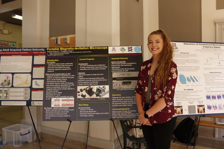 A young woman stands next to a scientific poster which reads "Portable Magnetic-levitation Microscope"