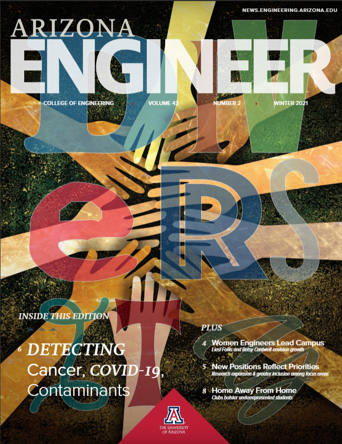 The cover of the winter 2021 Arizona Engineer magazine. Multicolored hands come together in the center of the page behind the word "Diversity."