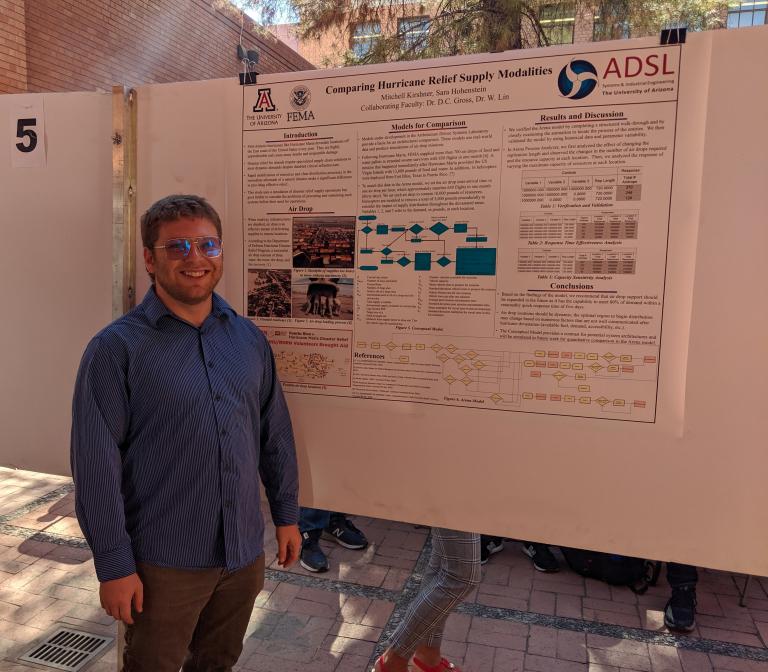 A man stands next to an academic poster he's presenting.
