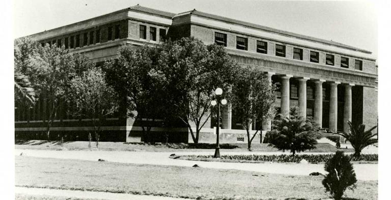 A black and white photo of Old Engineering