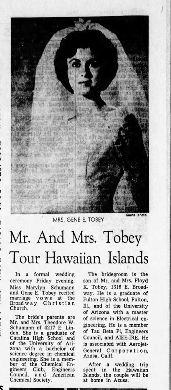 Newspaper clipping announcing the marriage of Gene E. Tobey and Marylyn Schumann.