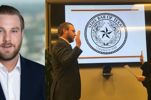 Two photos of David Ashton. One headshot. One of him and a woman facing each other and holding up their hands (his swearing in ceremony to become an attorney)