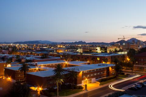 An photograph of campus in the evening, taken from above.