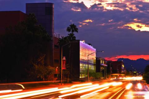 A photo of the electrical and computer engineering building taken from north of Speedway Blvd. 