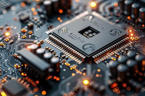 A computer circuit board with red and yellow lasers.