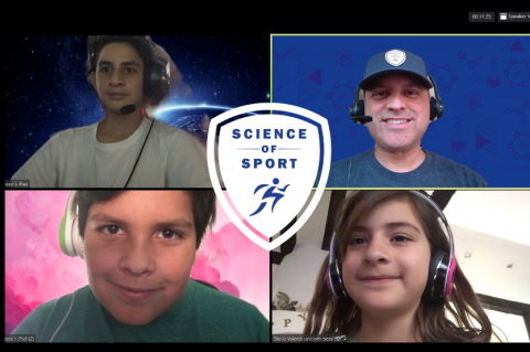 A screen split four ways between Ricardo Valerdi and three kids, with the Science of Sport logo in the center.