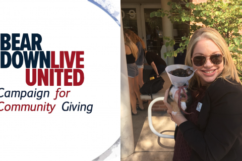 One half of the image is a graphic that says, "Bear Down, Live United: Campaign for Community Giving." in red and blue letters. The other half is a photo of Tiffany Gregory holding a puppy.