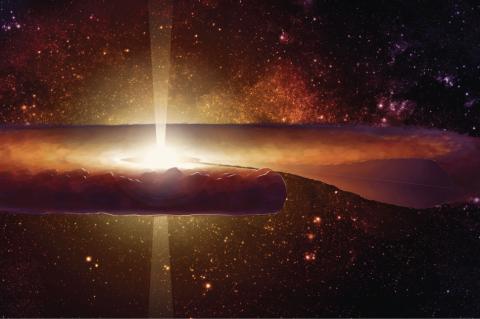 image of a plate-like structure on a space-y galaxy background. There is a hole in the middle of the structure, which is emitting a ray of light both up and down.