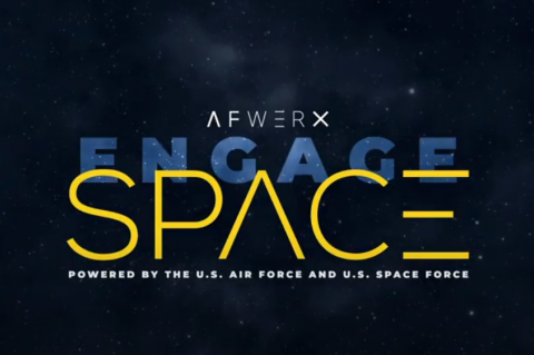 Graphic against a starry background with the words "AFWERX Engage Space: Powered by the U.S. Air Force and U.S. Space Force in white, yellow and blue.