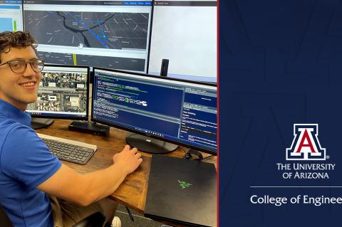 Gabriel Geffen sits at a traffic simulator