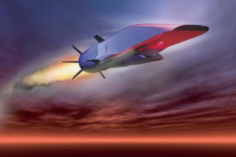 Artist's rendering of a hypersonic vehicle -- a large silver structure leaving a trail of flames behind it as it flies through the clouds.