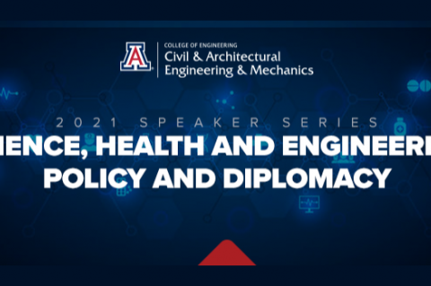 Blue graphic with white text reading: 2021 Speaker Series. Science, Health and Engineering Policy and Diplomacy. The CAEM department logo is at the top.