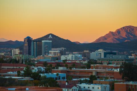 A Mountain as viewed from the University of Arizona campus, with downtown Tucson in the foreground