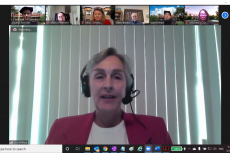 Screenshot of a Zoom meeting, with Ann Wilkey full screen and a few other people lined up across the top.