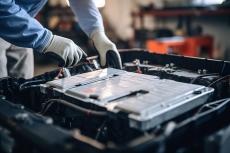 Worker fixes electrical wiring in electric vehicle battery.