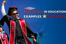 A Latino student wearing sunglasses, a graduation cap and gown and a "Class of 2019" sash raises his fist into the air in excitement. Red and white text on the blue background reads, "Excelencia in Education: Examples of Excelencia."