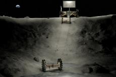 Illustration of power, lighting and roving concepts operating in a lunar crater. (Photo courtesy of NASA)