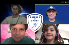 A screen split four ways between Ricardo Valerdi and three kids, with the Science of Sport logo in the center.