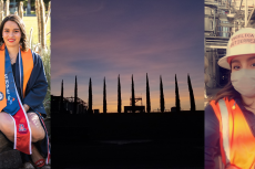  A collage of three photos: One of Angelica Gutierrrez in graduation regalia, one of trees at a winery set against a setting (or rising) sun and one selfie of Angelica wearing an orange vest, a face mask and a white hard hat with her name on it.