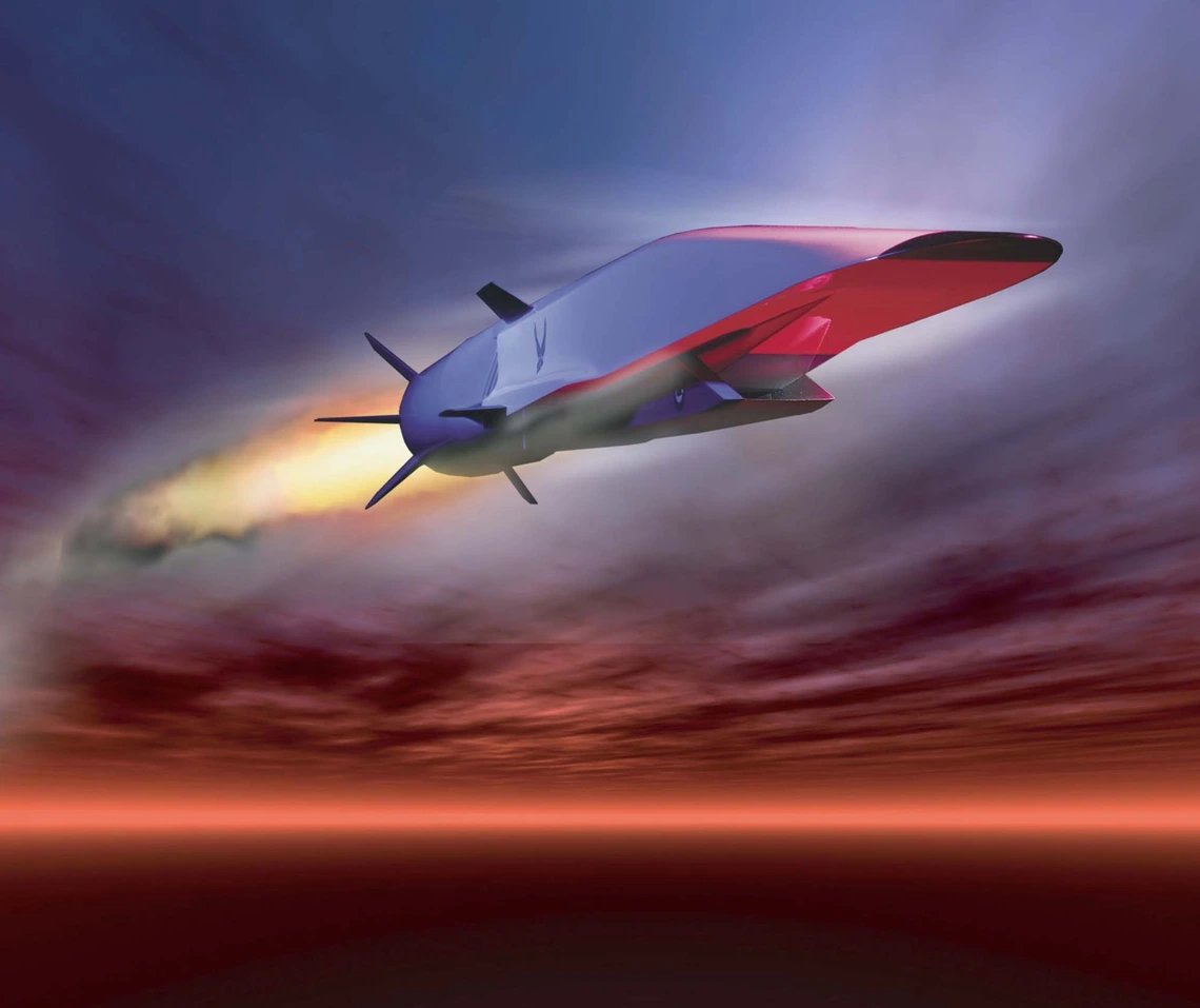 Artist's rendering of a hypersonic vehicle -- a large silver structure leaving a trail of flames behind it as it flies through the clouds.